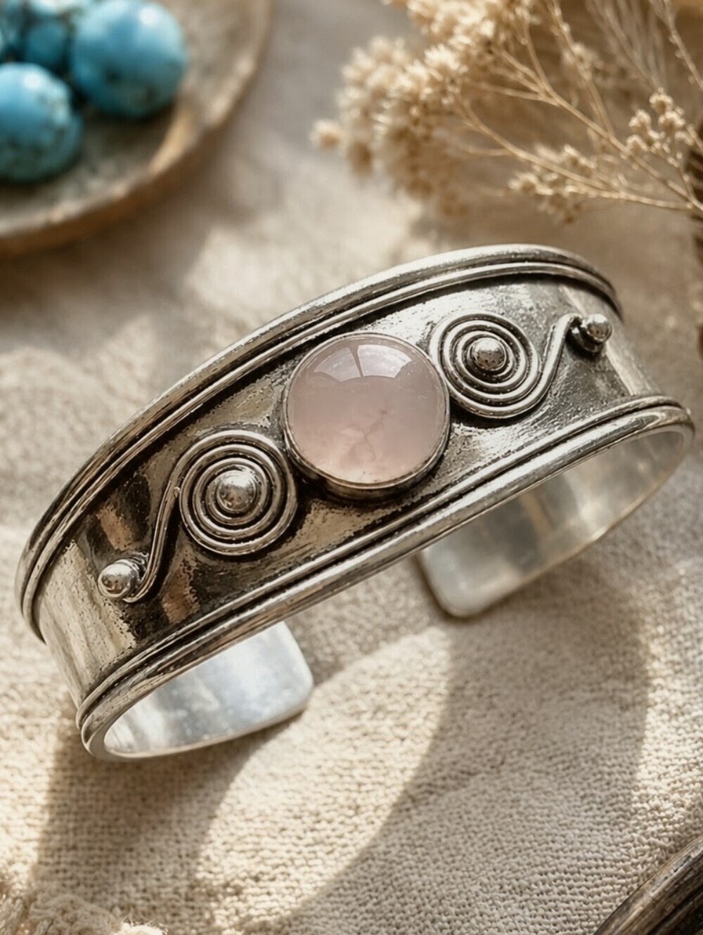 Genuine Rose Quartz 925 Sterling Silver Cuff Bracelet Spiral Bohemian Artisan